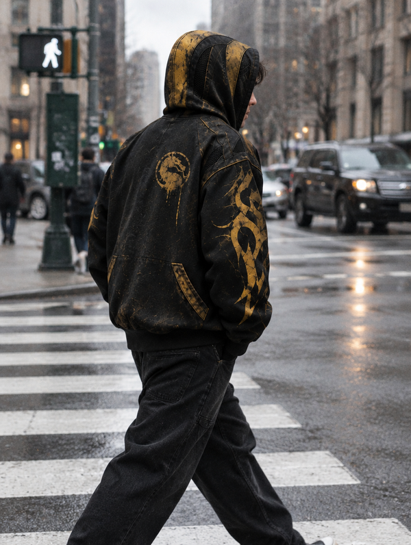 Hoodie side view with flame sleeves