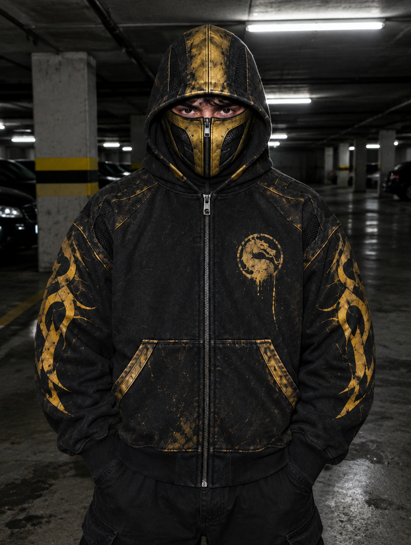 Hoodie with mask fully zipped at night