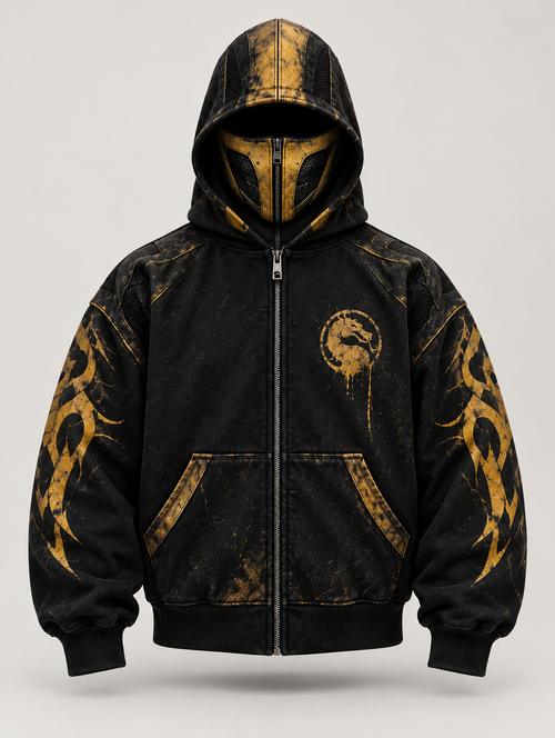 Kombat hoodie front, mask zipped