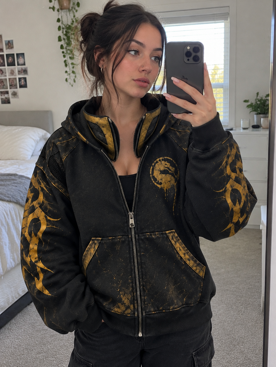 Woman wearing the hoodie, mirror selfie